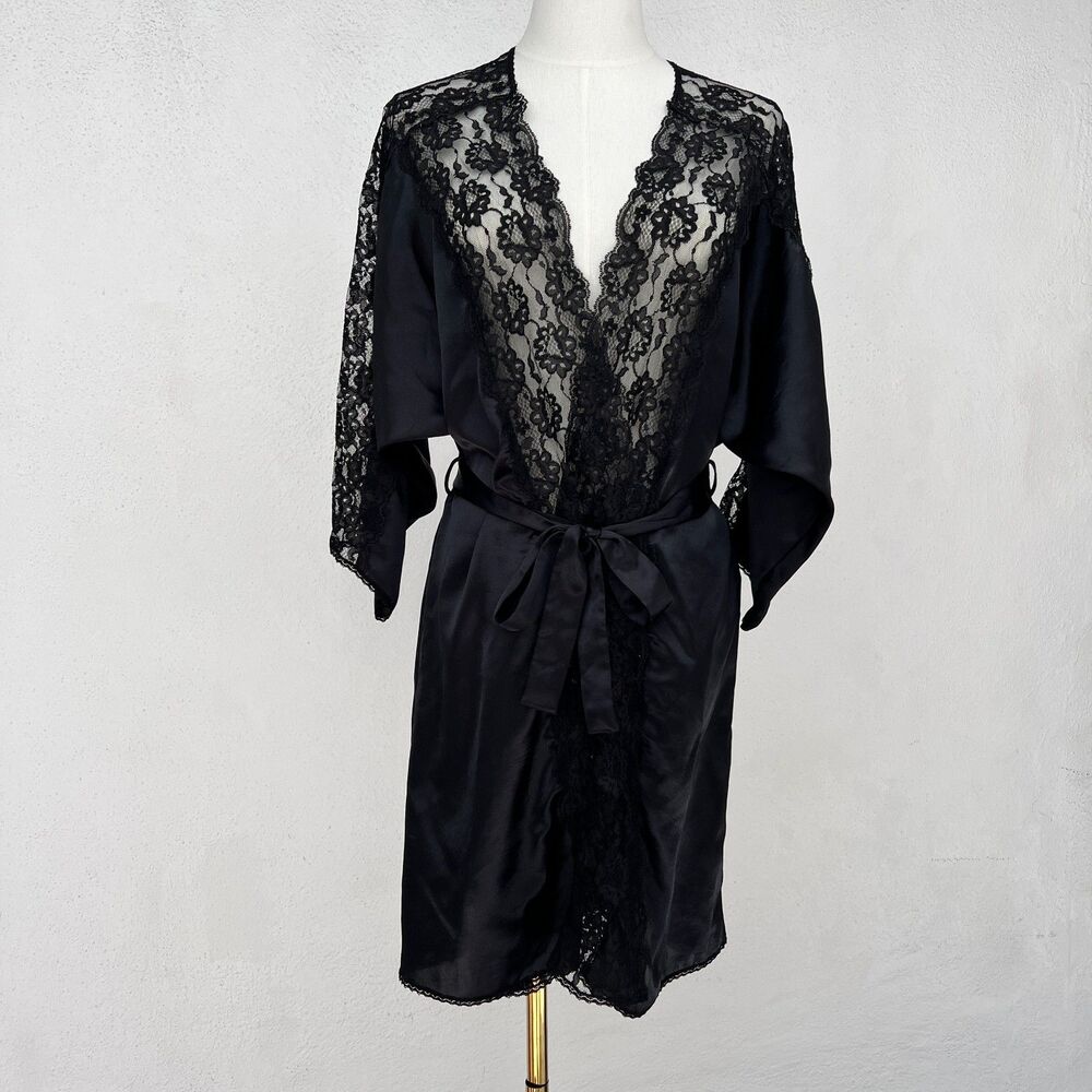 Vintage 80s Maidenform Black Lace Gothic Romantic Peignoir Made in the USA Sz M